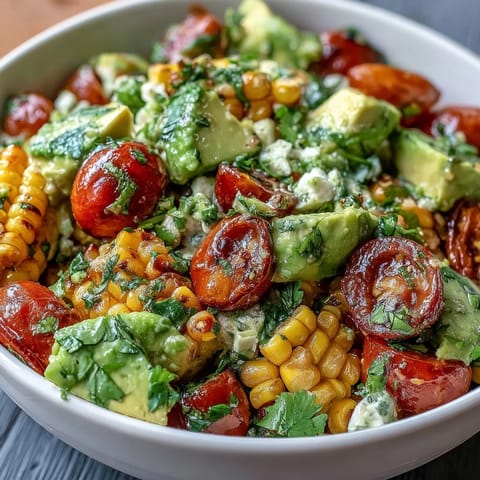 A vibrant summer salad with sweet corn, juicy tomatoes, creamy avocado, and a tangy lime vinaigrette, perfect for warm days.