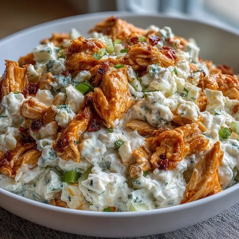 Creamy buffalo chicken salad with cottage cheese, shredded chicken, and crunchy veggies—perfect for a healthy, protein-packed lunch.  