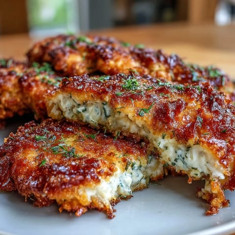 Juicy marinated chicken breasts fried to a crispy golden crust, topped with fresh dill and served with sliced pickles.  