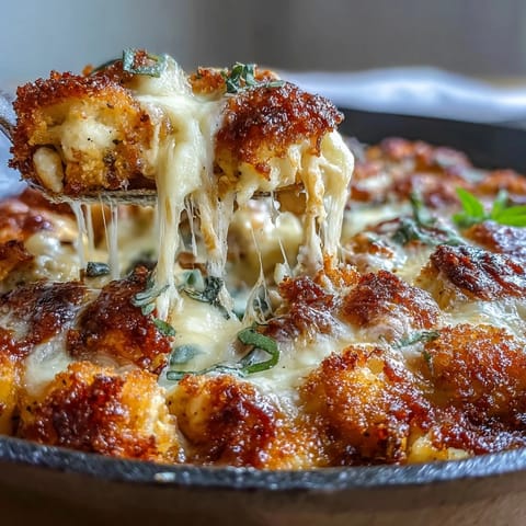 Hearty Chicken Parmesan Gnocchi skillet with golden gnocchi, tender chicken, and bubbly mozzarella under a crisp panko topping.  