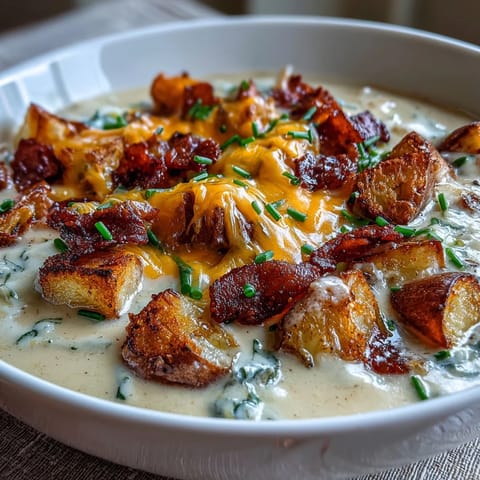 Creamy baked potato soup in a white bowl, topped with crispy bacon, shredded cheddar, and fresh chives.  