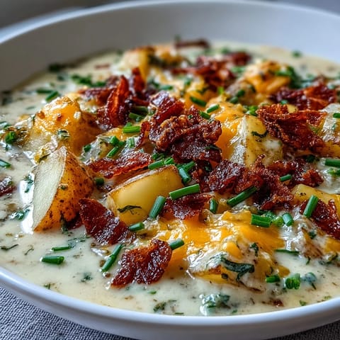 A comforting bowl of baked potato soup, featuring tender potatoes, melted cheese, and smoky bacon crumbles.  