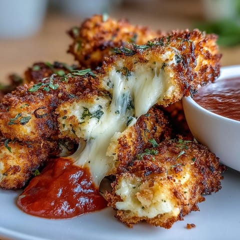 Crispy golden mozzarella sticks made in the air fryer, served with zesty homemade marinara dip for a lighter appetizer.  