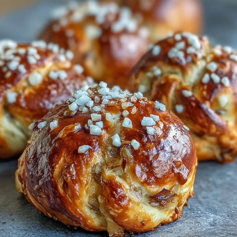 Soft sourdough pretzel bites filled with caramelized onions, golden brown and sprinkled with flaky sea salt.  
