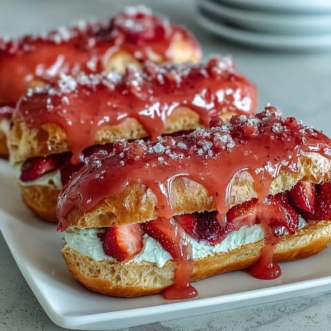 Elegant Valentine's Day strawberry éclairs filled with creamy mascarpone and fresh strawberries, topped with a vibrant pink glaze.
