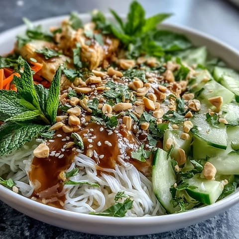 Vibrant Asian Spring Roll Bowl with Peanut Sauce, featuring crisp veggies, rice noodles, and creamy sauce in a fresh, colorful bowl.