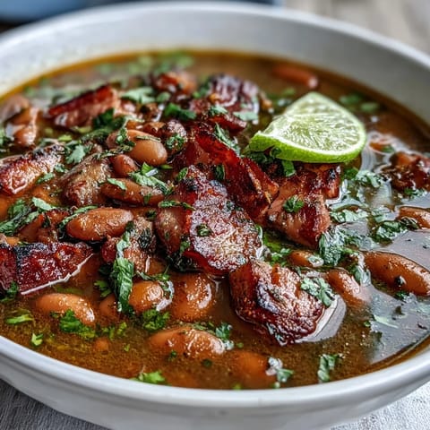 Hearty ham and pinto bean soup with tender vegetables and smoky Tex-Mex spices, garnished with fresh cilantro and lime.  