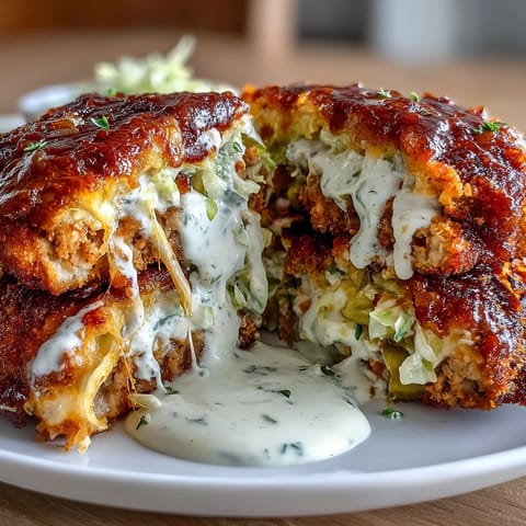 Crispy cheese-crusted tacos filled with juicy ranch-seasoned chicken and tangy dill pickles, topped with crunchy cabbage and creamy ranch sauce.  