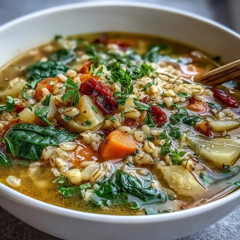 A steaming bowl of warm winter-to-spring vegetable soup with barley, packed with colorful root vegetables and fresh greens.