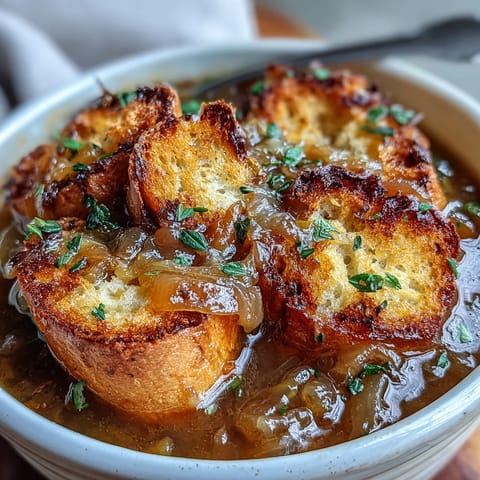 A comforting bowl of roasted garlic and caramelized onion soup, garnished with fragrant herb croutons.  