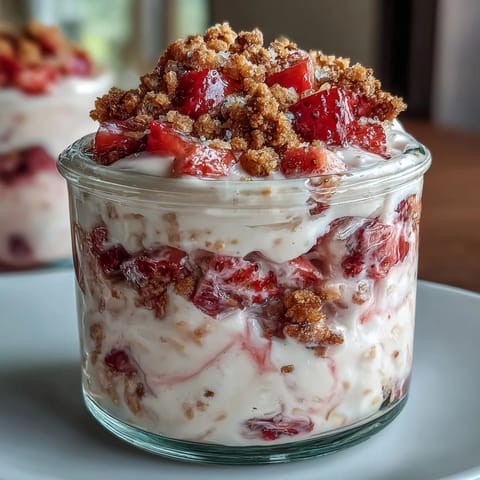 Strawberry cheesecake overnight oats with graham crumble, creamy and layered with fresh strawberries in a glass jar.