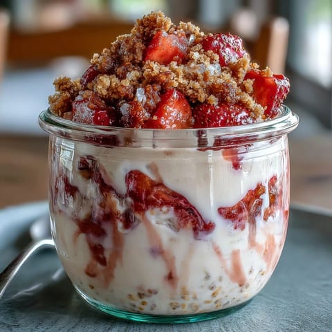 No-bake breakfast featuring strawberry cheesecake overnight oats with graham cracker crumble topping and juicy berries.