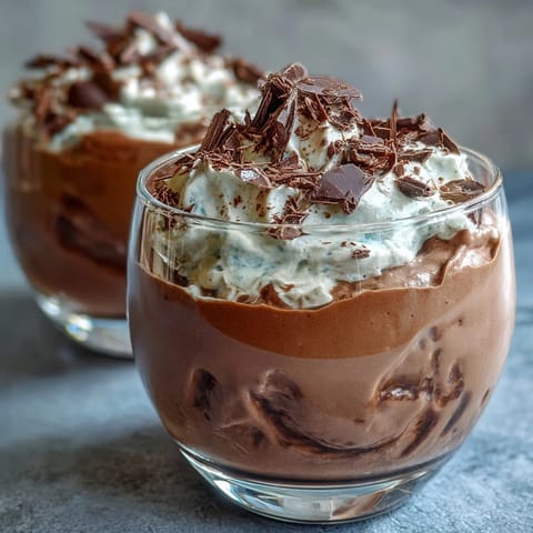 Fluffy Yogurt Protein Mousse with Cocoa and Sea Salt in a glass topped with berries and dark chocolate shavings