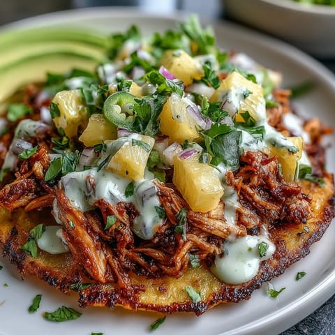 Zesty chicken and pineapple salsa tostadas drizzled with creamy lime crema, garnished with fresh avocado.  