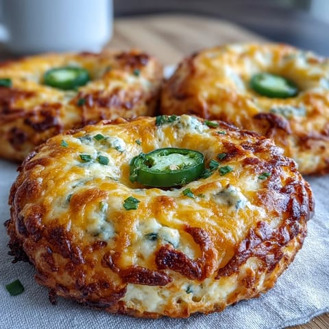 Chewy Jalapeño Cheddar Protein Bagels topped with melted cheese and spicy jalapeño slices for a savory breakfast boost.