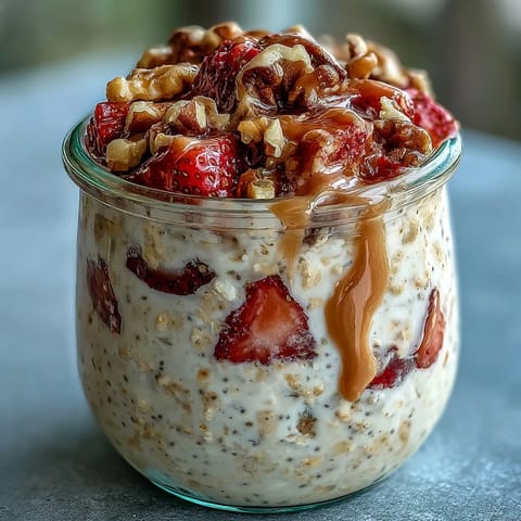 Creamy strawberry banana bread overnight oats with walnuts, layered with fresh fruit and crunchy nuts for a nutritious breakfast.