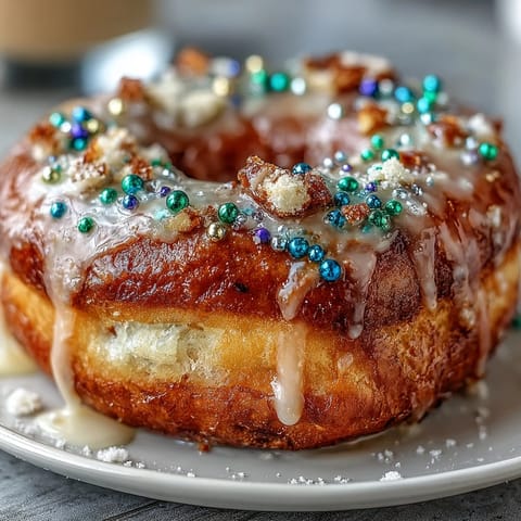 Fluffy baked King Cake donuts with vanilla glaze and festive Mardi Gras sprinkles in green, purple, and gold.  