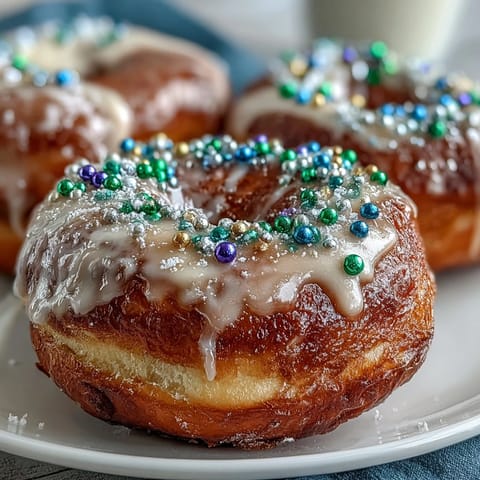 Soft, cinnamon-spiced King Cake donuts topped with creamy vanilla glaze and vibrant Mardi Gras sprinkles for a festive treat.  