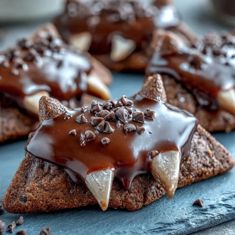 Chocolate Vampire Cookies with Candy Fangs: Spooky Halloween treats featuring chewy chocolate cookies with playful candy fangs and red gel icing for a dramatic, fang-tastic look.