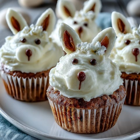 Adorable Easter Bunny Carrot Cake Cupcakes with cream cheese frosting, decorated with marshmallow ears and candy faces for a festive spring treat.