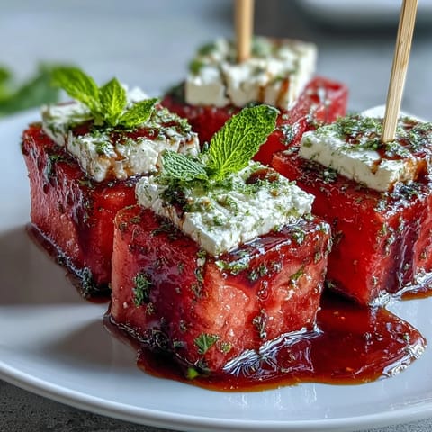 Easy vegetarian appetizer with sweet watermelon, tangy feta, and aromatic mint, perfect for refreshing summer gatherings and barbecues.  