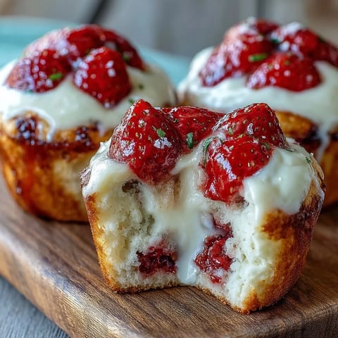 Freshly baked strawberry cream cheese muffins with juicy berries and creamy cheesecake swirls, ideal for breakfast or brunch.