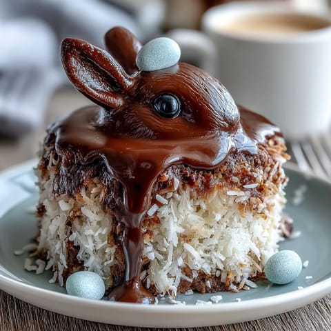 Whimsical Easter Bunny Cake with Coconut Fur and Jelly Bean Tail, featuring soft cake layers shaped into a bunny, frosted and covered in sweet shredded coconut.  