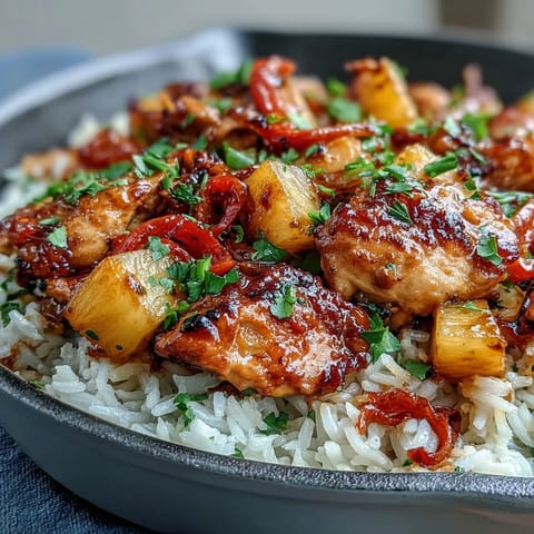 Vibrant pineapple chicken and rice skillet with bell peppers in a sweet-savory sauce, served hot from the pan.  