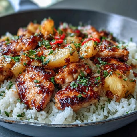 One-pan pineapple chicken and rice with juicy pineapple chunks, tender chicken, and colorful bell peppers.  