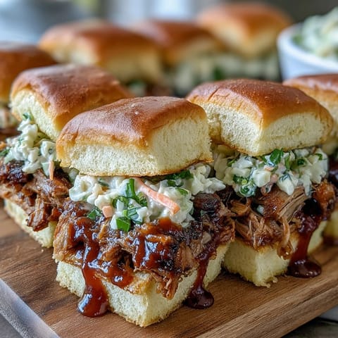 Pulled pork sliders with coleslaw, piled high on soft buns, perfect for baby shower parties and festive gatherings.  