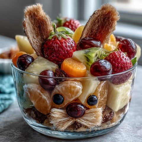 Cute bunny-shaped fruit cups filled with fresh strawberries, grapes, blueberries, and pineapple, perfect for a healthy Easter treat kids will adore.