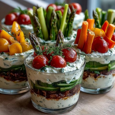 Vibrant veggie cups filled with fresh cherry tomatoes, cucumber sticks, and carrots, served with creamy Greek yogurt ranch dip.