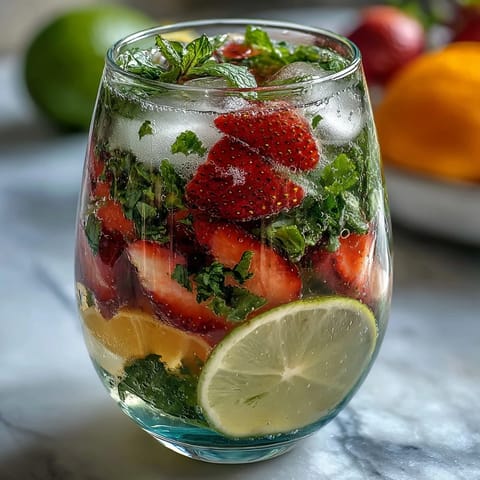 Refreshing strawberry mint mocktail pitcher with ripe berries, cooling mint, and citrus slices—perfect for spring parties.