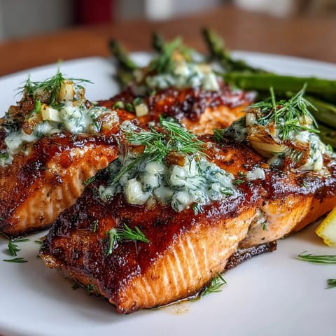 Garlic Butter Salmon with Asparagus arranged on a sheet pan with lemon slices, golden salmon fillets glistening under roasted garlic butter sauce.