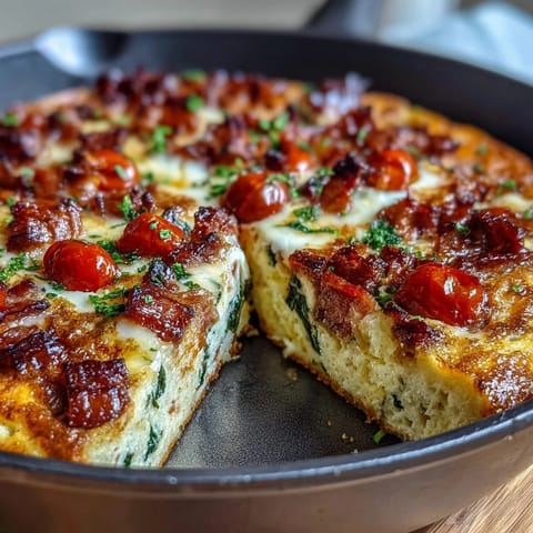 Hearty one-pan ham and cheese frittata with golden edges, melty cheddar, and fresh spinach for a satisfying breakfast.