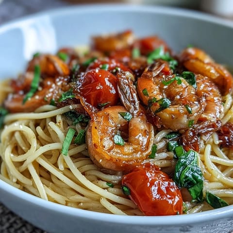 One-Pot Garlic Shrimp with Angel Hair in a vibrant skillet with fresh vegetables and lemon zest.