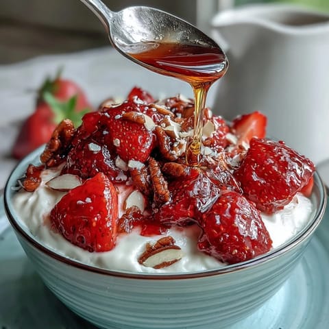 Fresh strawberry compote drizzled over creamy Greek yogurt with crunchy nuts and honey.  