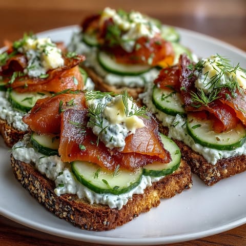 Cucumber Bites with Cream Cheese and Smoked Salmon: crisp cucumber slices topped with creamy dill-infused cheese and delicate smoked salmon.  