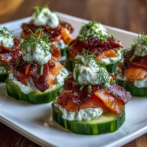 Elegant appetizer platter featuring Cucumber Bites with Cream Cheese and Smoked Salmon, garnished with capers and fresh dill sprigs.  