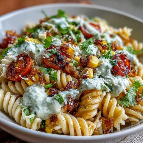 Creamy Mexican Street Corn Pasta Salad with charred corn and cotija cheese in a tangy lime dressing.