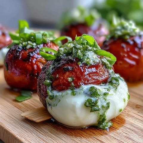 Vibrant Caprese skewers with cherry tomatoes, mozzarella, and basil, drizzled with fresh pesto for a colorful appetizer.
