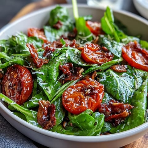 Fresh dandelion greens salad with lemon vinaigrette and Parmesan, bursting with peppery greens, juicy tomatoes, and nutty pine nuts.  