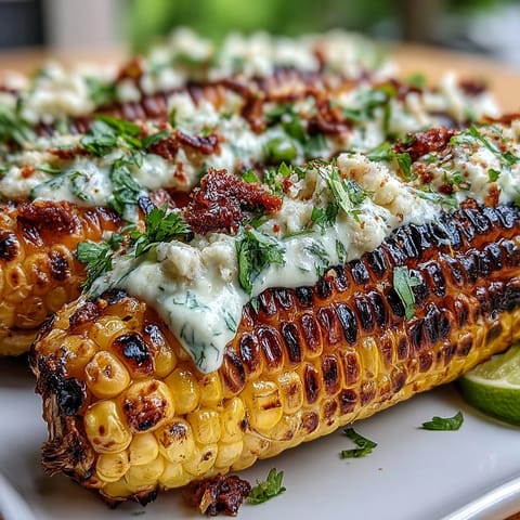 Creamy, tangy grilled corn elote style with chili, Cotija cheese, and fresh cilantro.  