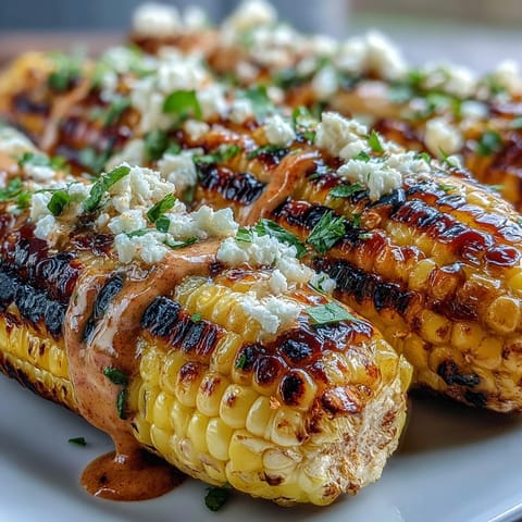 Sweet, smoky Mexican street corn with rich sauce and a sprinkle of chili powder.  