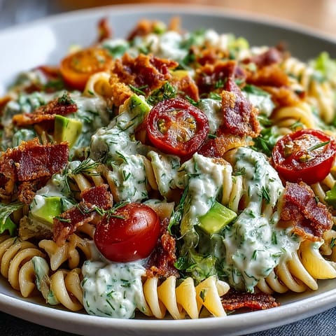Creamy BLT pasta salad with avocado ranch, crispy bacon, and fresh lettuce in a vibrant summer bowl.  