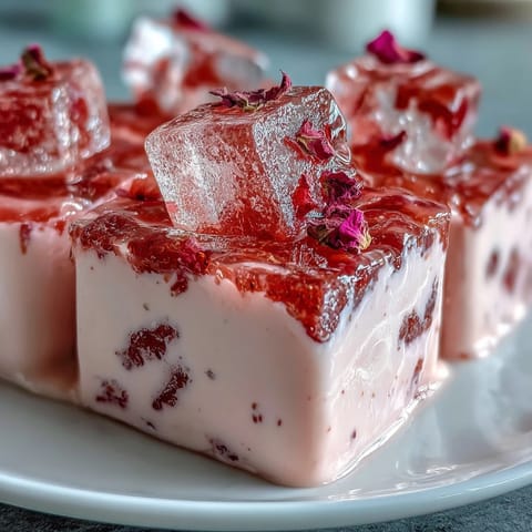 Jewel-like strawberry rose gelatin mosaic cake glistening, ready for a festive slice.