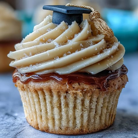 Festive graduation cupcakes with shiny black and gold fondant caps on display.