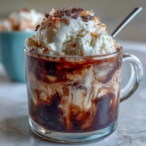 Creamy coconut cold brew float topped with melting vanilla bean ice cream.