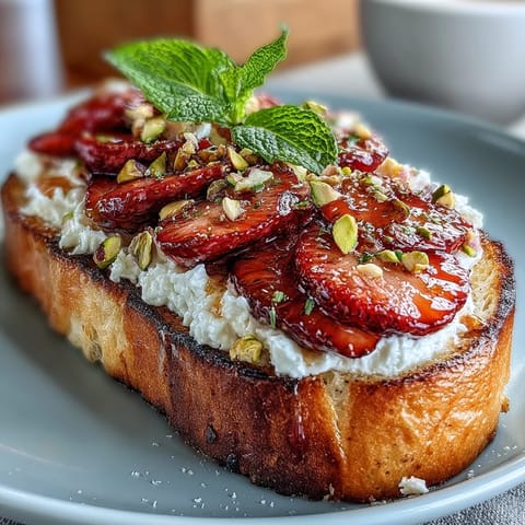 Strawberry Honey Ricotta Toast with Pistachios, a vibrant, sweet, and nutty breakfast delight.