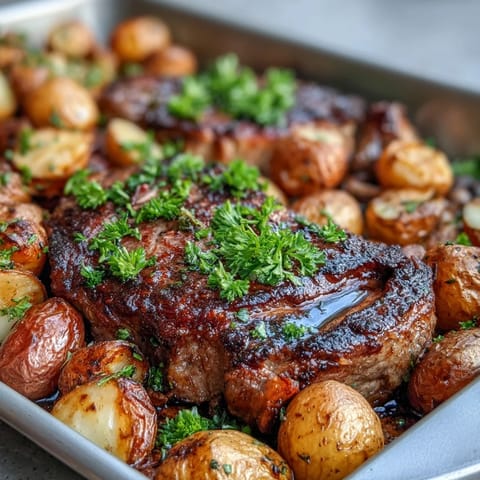 Roasted vegetables surround tender steak in this easy Father's Day Steak and Potato Sheet Pan Dinner.